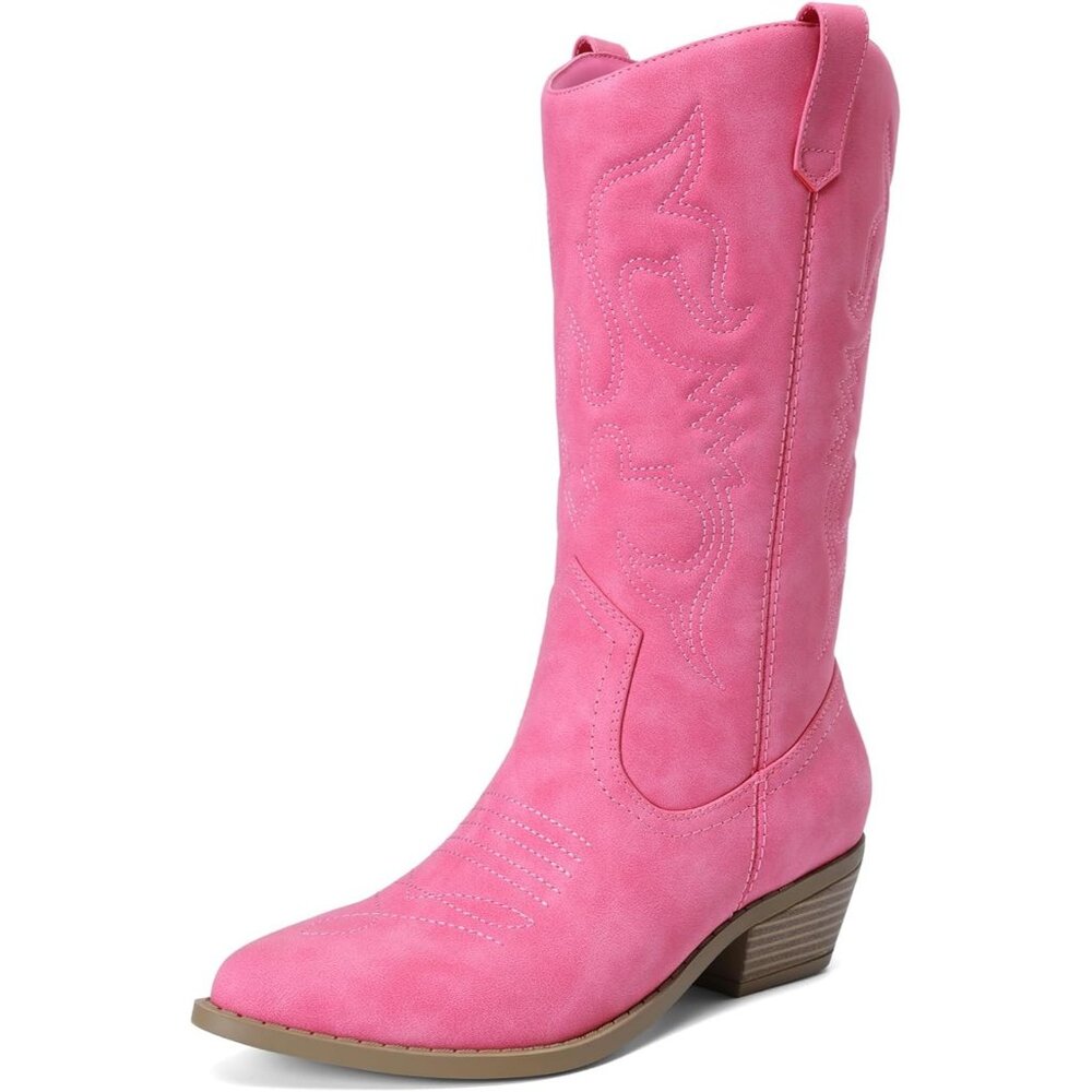 Dream Pairs Women's Hot Pink Cowboy Boot Pull On Cowgirl Boots Mid Calf Western